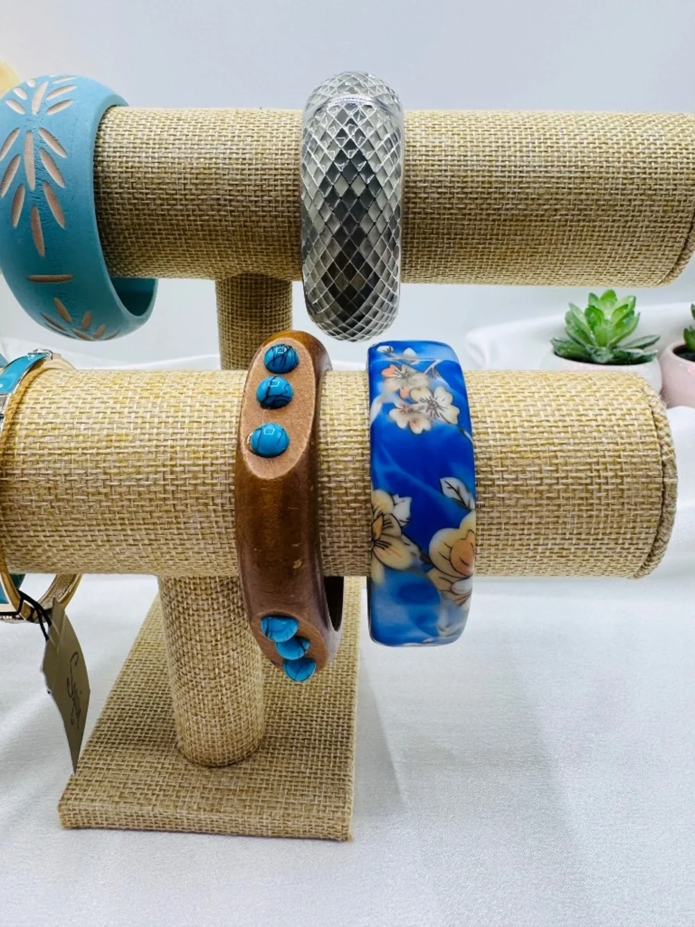 Boho Mixed Bangle Bracelet Lot Blue Wood Silver Floral Statement Bracelets 6 pcs